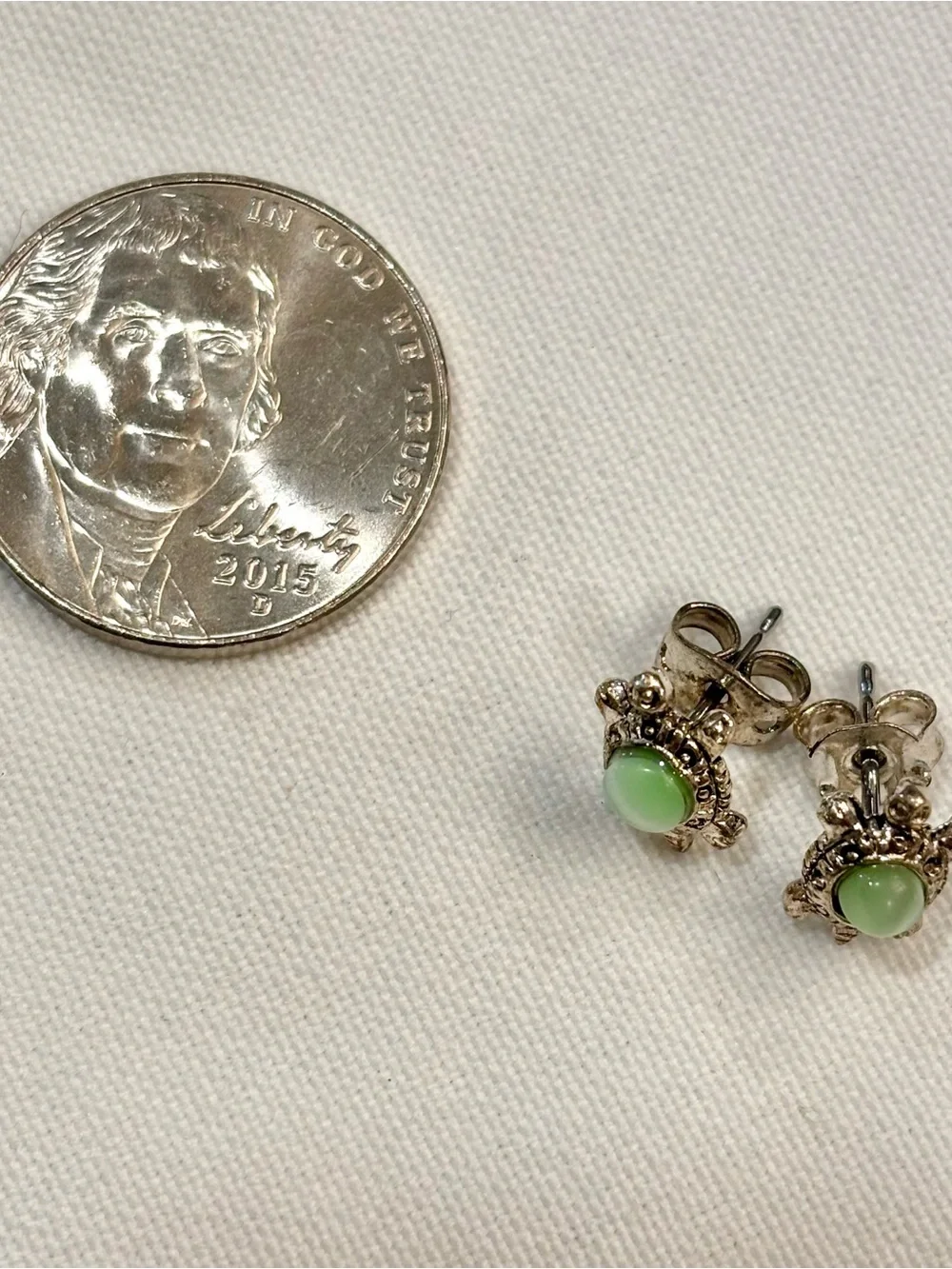 Silver Turtle Stud Earrings with Light Green Cabochon